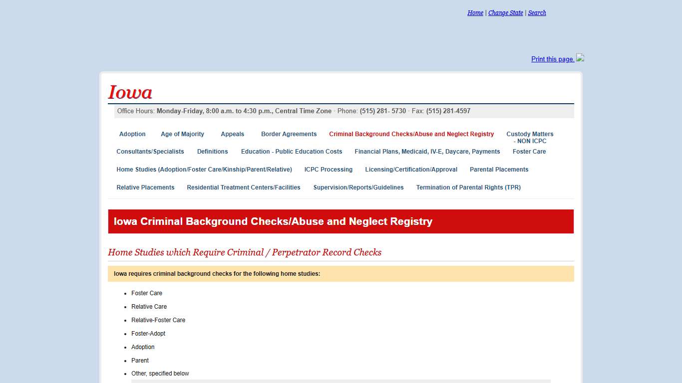 Iowa Criminal Background Checks/Abuse and Neglect Registry | ICPC State Pages